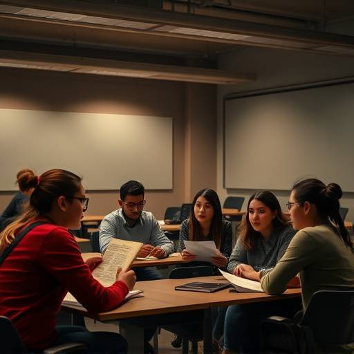 Alunos discutindo um roteiro de filme em uma sala de aula.