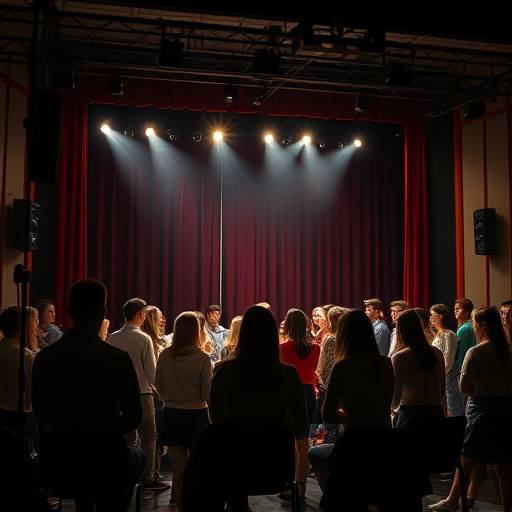 Alunos ensaiando em um palco de teatro durante o curso de teatro.