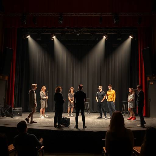 Alunos ensaiando em um palco de teatro, praticando suas habilidades de atuaäão.