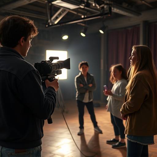 Alunos gravando uma cena de filme em um set, aprendendo técnicas de atuaäão para cinema.