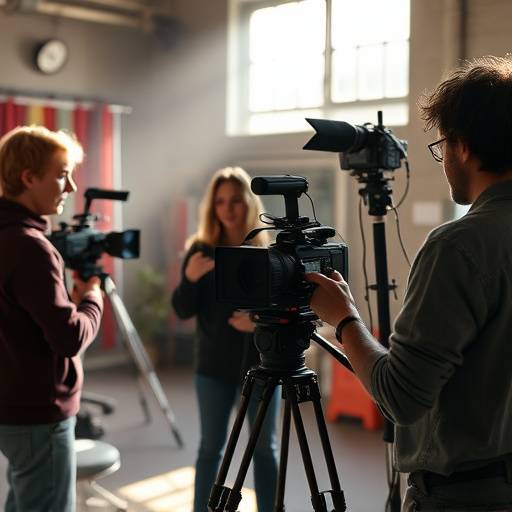 Alunos gravando uma cena em um set de filmagem durante o curso de atuaäão para cinema.