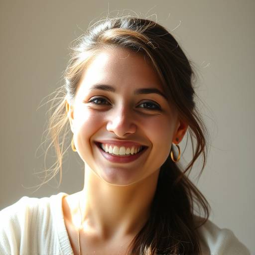 Retrato de Ana Beatriz, instrutora de improvisaäão teatral, sorrindo de forma contagiante.